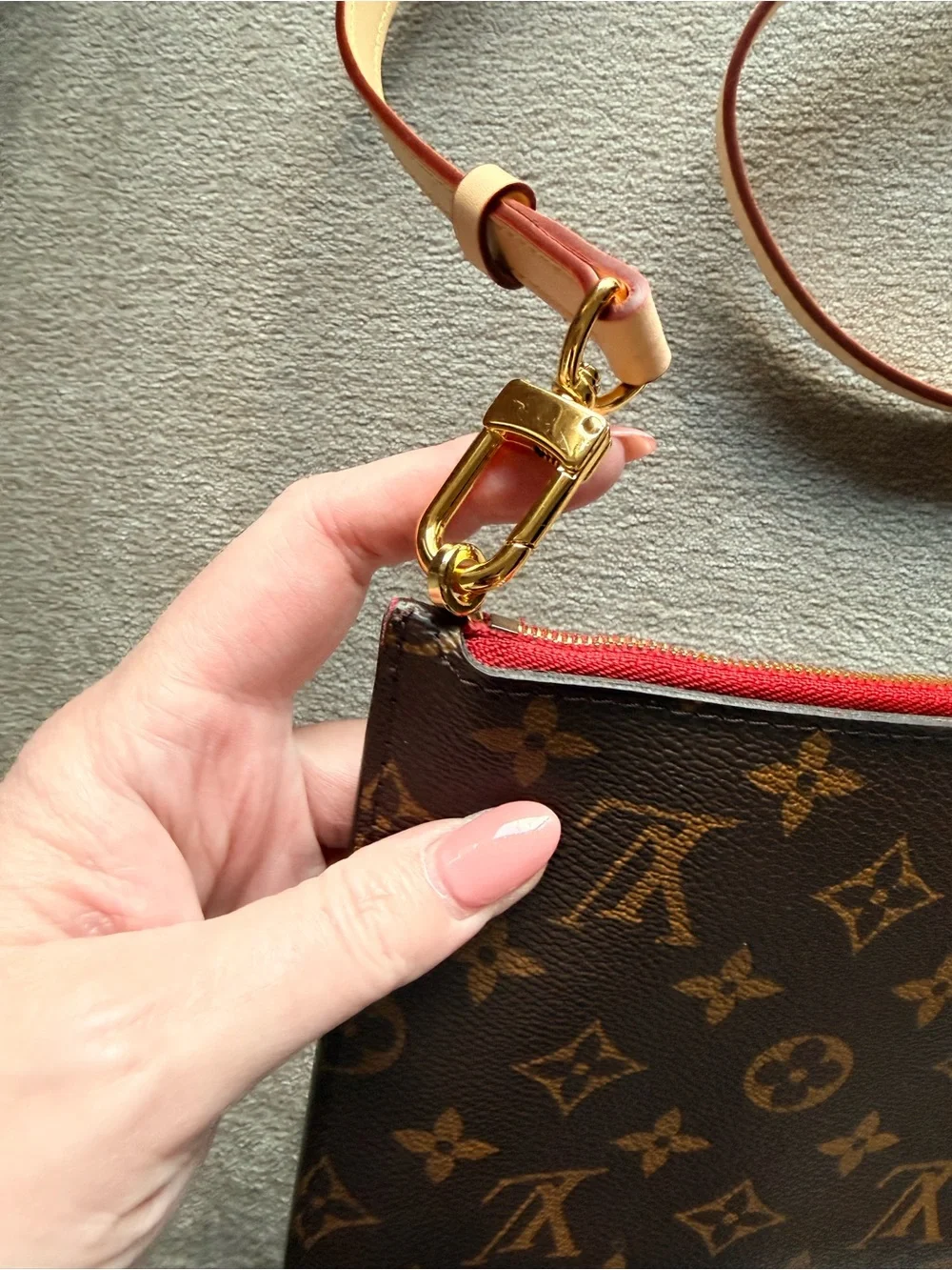 Louis Vuitton Monogram Neverfull Pouch in Brown with Red Trim Authentic